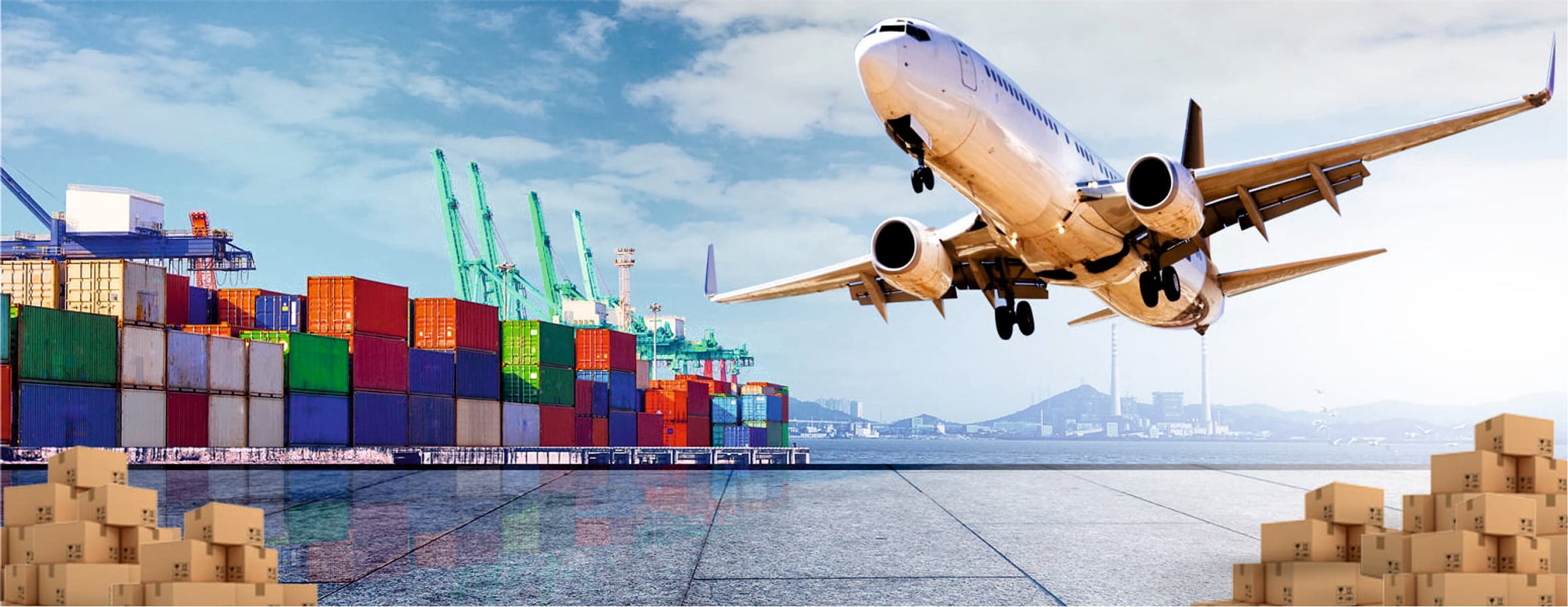 Cargo aircraft climbing over a container terminal